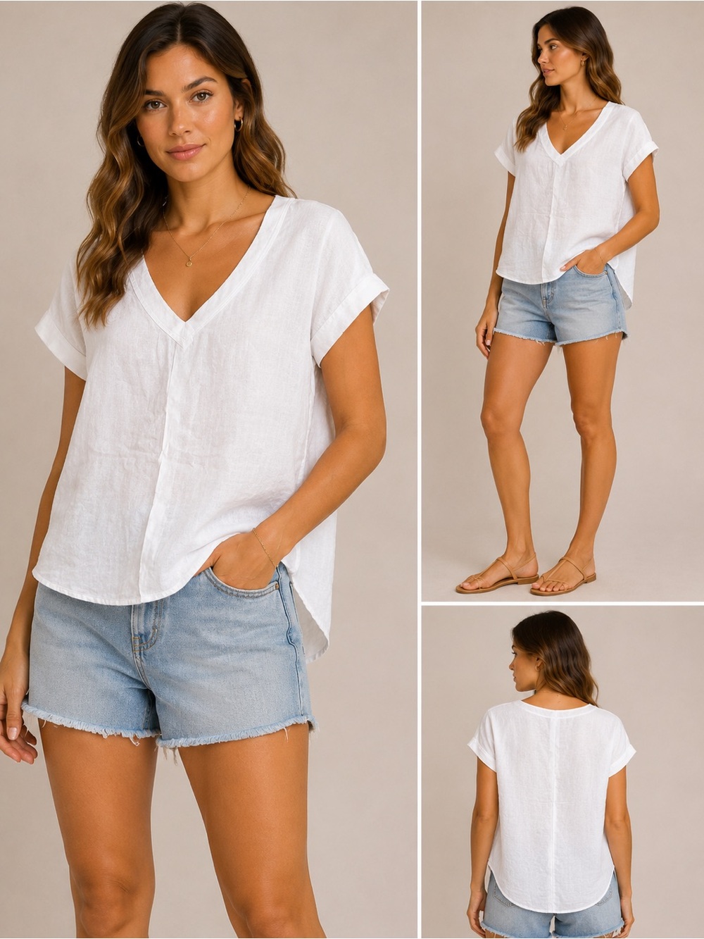 cloth & stone White V-Neck Short Sleeve Linen Blend Top